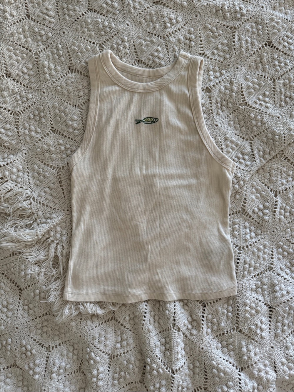 a new day Cream Ribbed Tank with Green Fish Detail